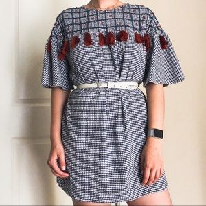 Zara Embroidered & Tasseled Gingham Dress